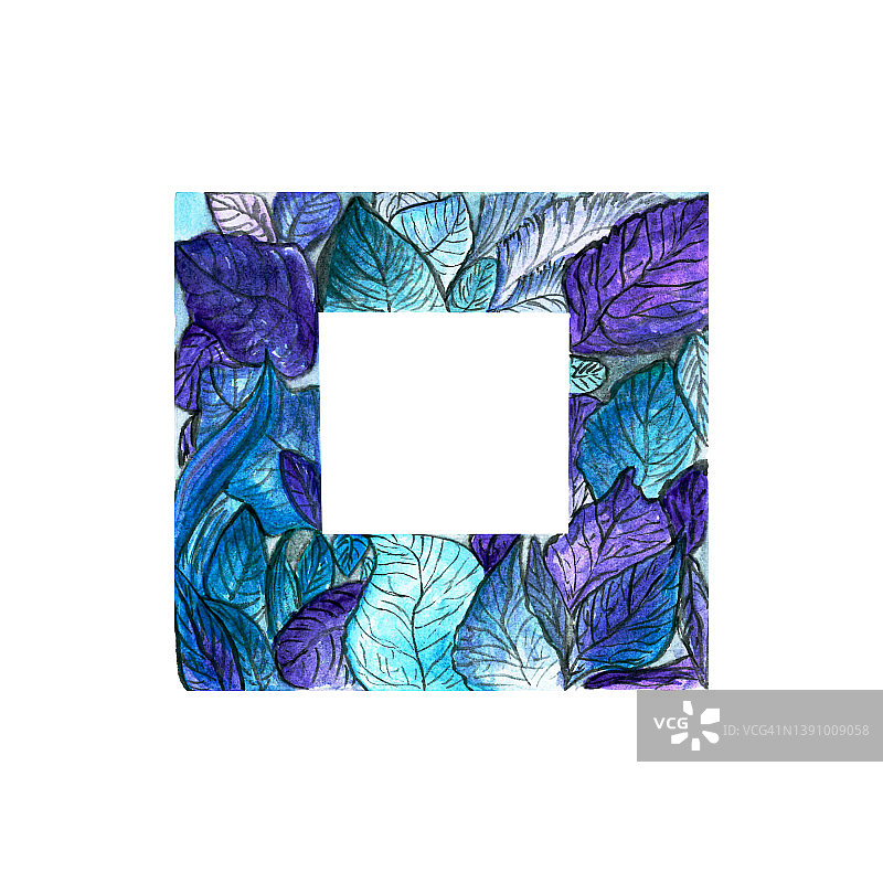 水彩几何蓝色叶子图标，在白色背景插图上带有梯度效果的方形，为您的设计隔离图片素材