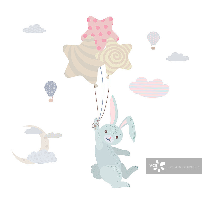 一只可爱的兔子在气球里飞。灰色的小兔子在云层里。气球和deregalia。儿童插图，可爱的打印，矢量。孤立在一个白色的背景。图片素材