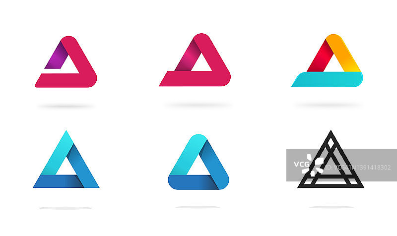 三角标志品牌图标矢量或棱柱三位一体金字塔几何标志三维蓝红橙紫彩色图像插图剪贴画集，概念联盟建设现代抽象符号图片素材