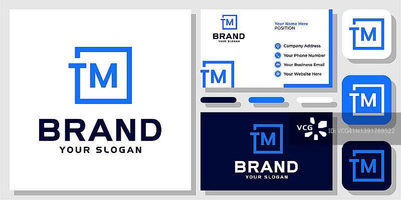 首字母TM方盒蓝色现代抽象字母组合标志设计与名片模板图片素材