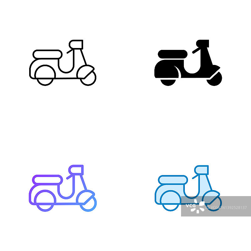 摩托车图标设计在四风格与可编辑的笔画。线，实线，平线和颜色梯度线。适合网页，移动应用，UI, UX和GUI设计。图片素材
