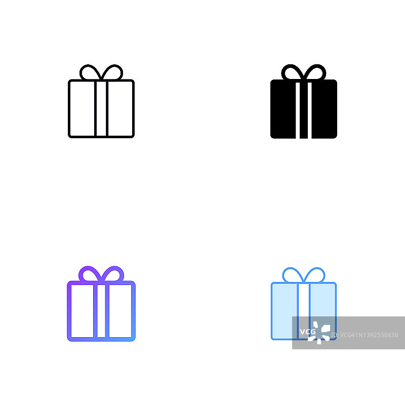 礼品盒图标设计在四风格与可编辑的笔画。线，实线，平线和颜色梯度线。适合网页，移动应用，UI, UX和GUI设计。图片素材