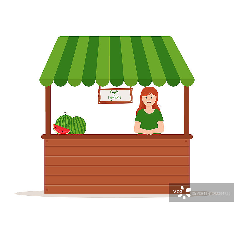 摊位计数器。货架上摆放着水果的食品市场柜台。Kiosk在白色背景上图片素材