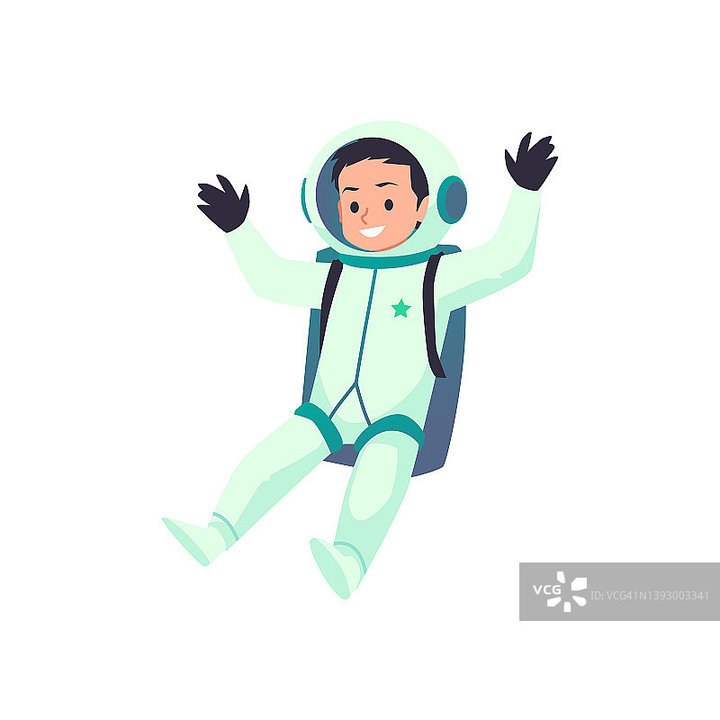 宇航员小孩卡通形象穿着宇航服在白色的零重力飞行图片素材
