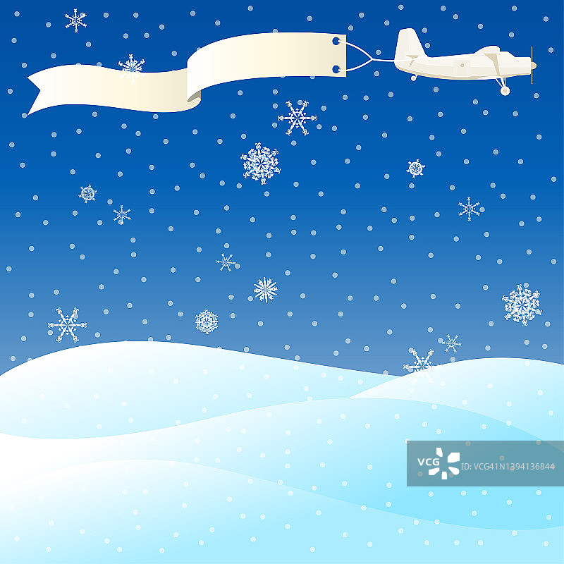 驾驶着挂着横幅和雪山的老式飞机，冬天的景色。矢量插图，文本模板。图片素材