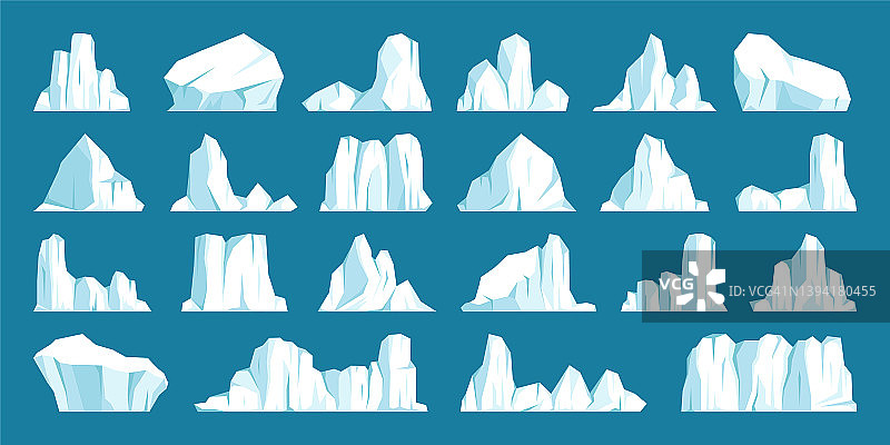 漂浮的冰山集合。漂流的北极冰川，冻结的海水块。冰雪覆盖的高山。融冰的峰值。南极的景观。南极和北极。矢量插图。图片素材