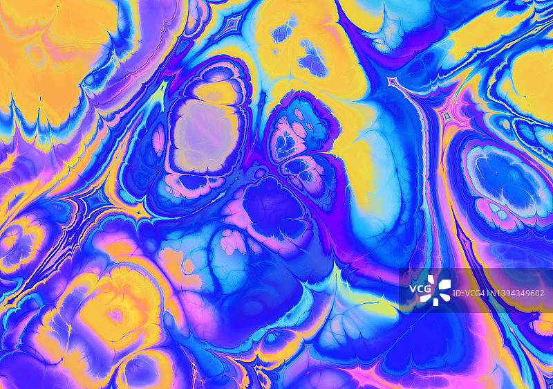 抽象蓝色紫色黄色大理石纹背景，流体绘画艺术，波浪壁纸，大理石纹纹理，线条，图案抽象波浪纹理Ebru效果Ombre明亮梯度图片素材