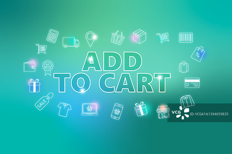 添加到购物车-电子商务网页按钮上的绿松石背景。图片素材