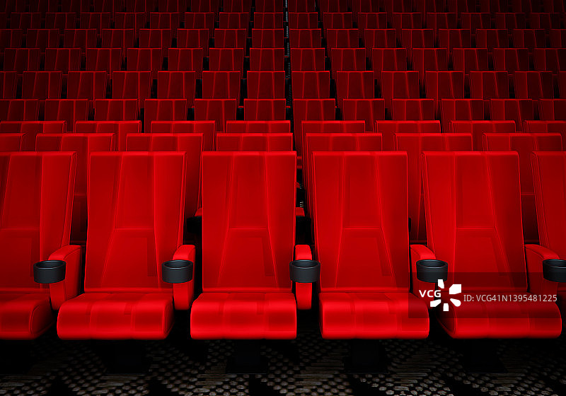 一排排的红色天鹅绒座椅在电影院观看电影，背景是拷贝空间的横幅。娱乐和戏剧概念。3 d演示呈现图片素材