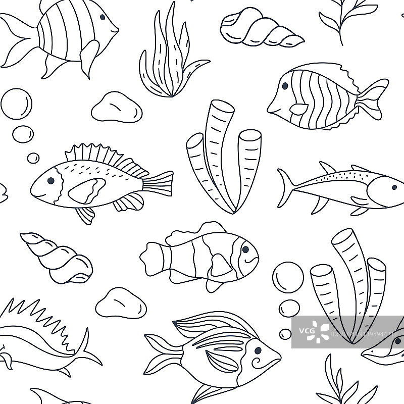 海洋水下无缝图案与鱼和藻类图片素材
