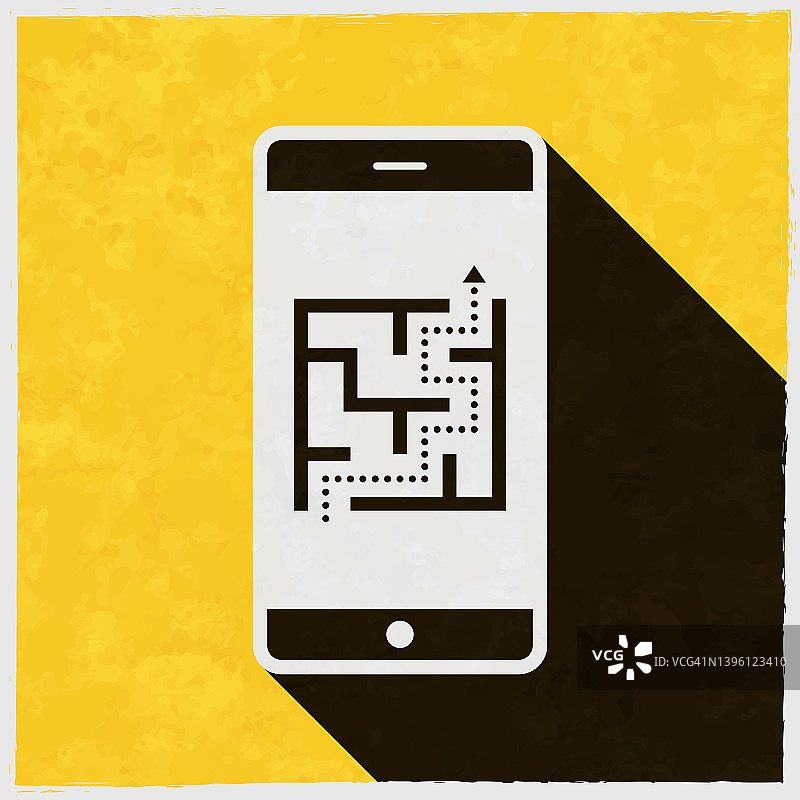 智能手机与迷宫。图标与长阴影的纹理黄色背景图片素材