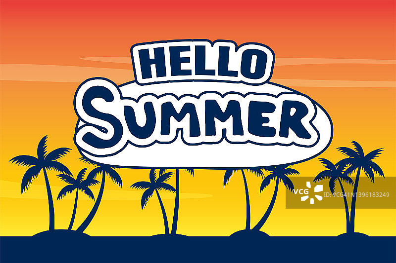 你好夏天热带海滩背景棕榈树海景日出和日落。图片素材