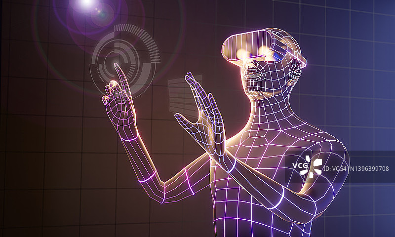 3D线框虚拟人戴上VR头戴抬起手并指向。3 d演示呈现图片素材