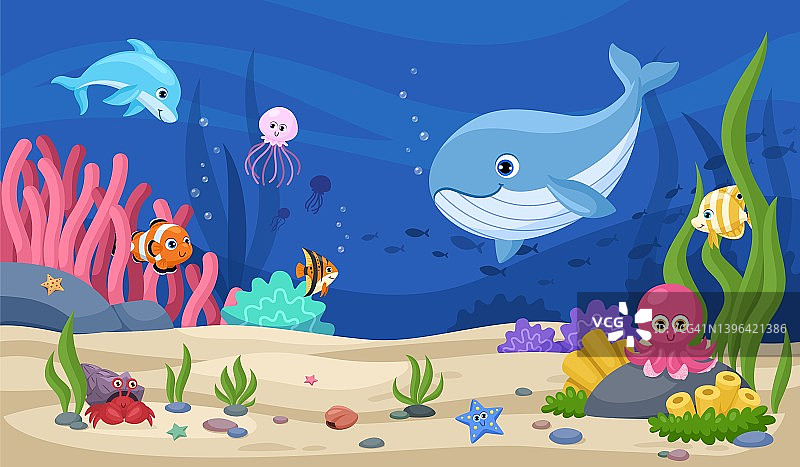 水下动物的背景。水生动物，卡通海洋世界景观。有鲸、鱼、海藻的水族缸。艳丽的热带海洋生物矢量场景图片素材