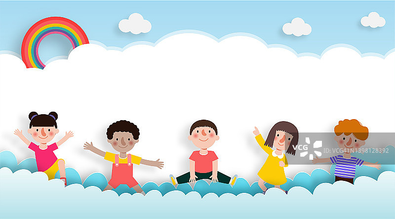 快乐的孩子跳贺卡剪纸风格与一组孩子的背景海报广告小册子横幅模板准备在网络或印刷设计孤立向量插图使用图片素材