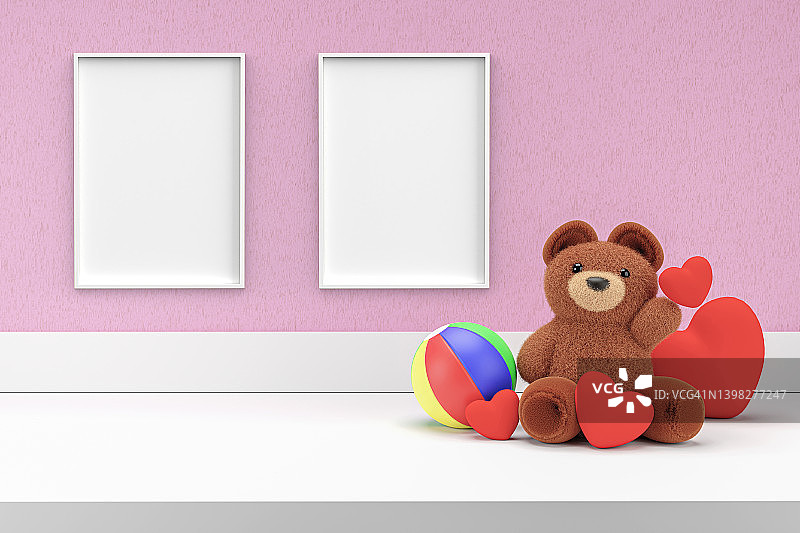 3d渲染插图的玩具熊在白色显示架与相框。孩子的房间模型。图片素材