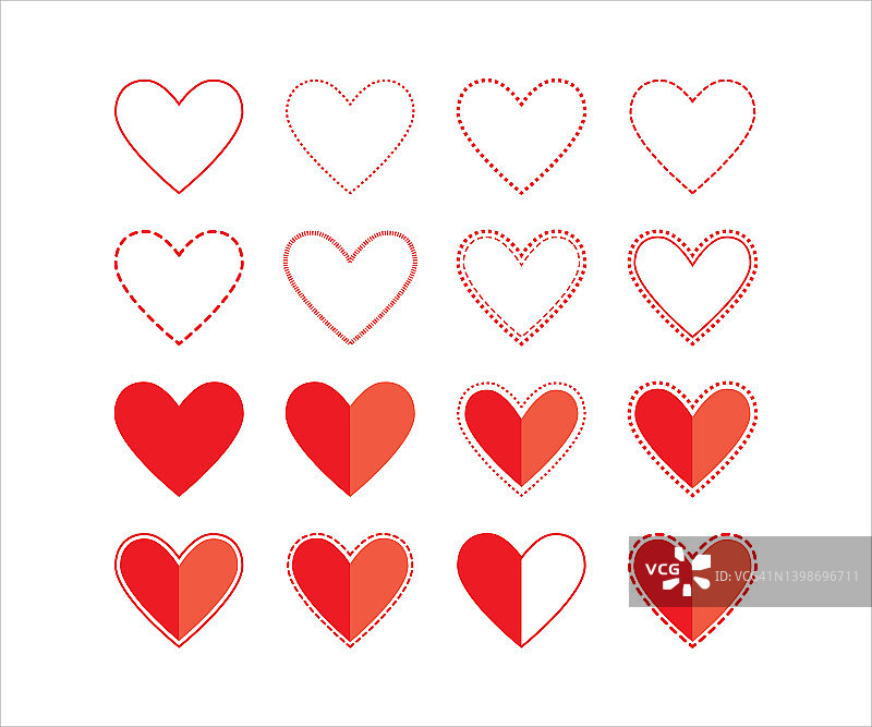 红心图标。一组不同的红心，矢量插图。图片素材