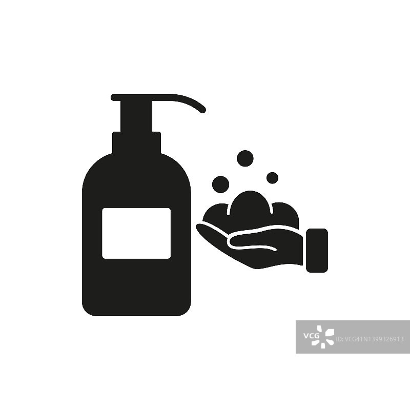 抗菌液体肥皂泵瓶剪影图标。洗手概念黑色象形图。手的卫生和消毒图标。孤立的矢量图图片素材