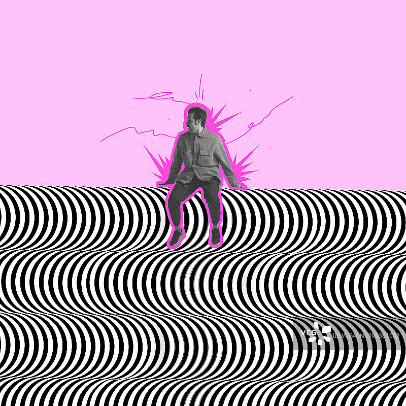 当代艺术拼贴。男人坐在黑白错觉图案上，图案上方是粉红色的背景。视错觉的概念图片素材