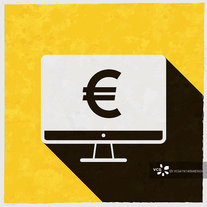 台式电脑与欧洲符号。图标与长阴影的纹理黄色背景图片素材