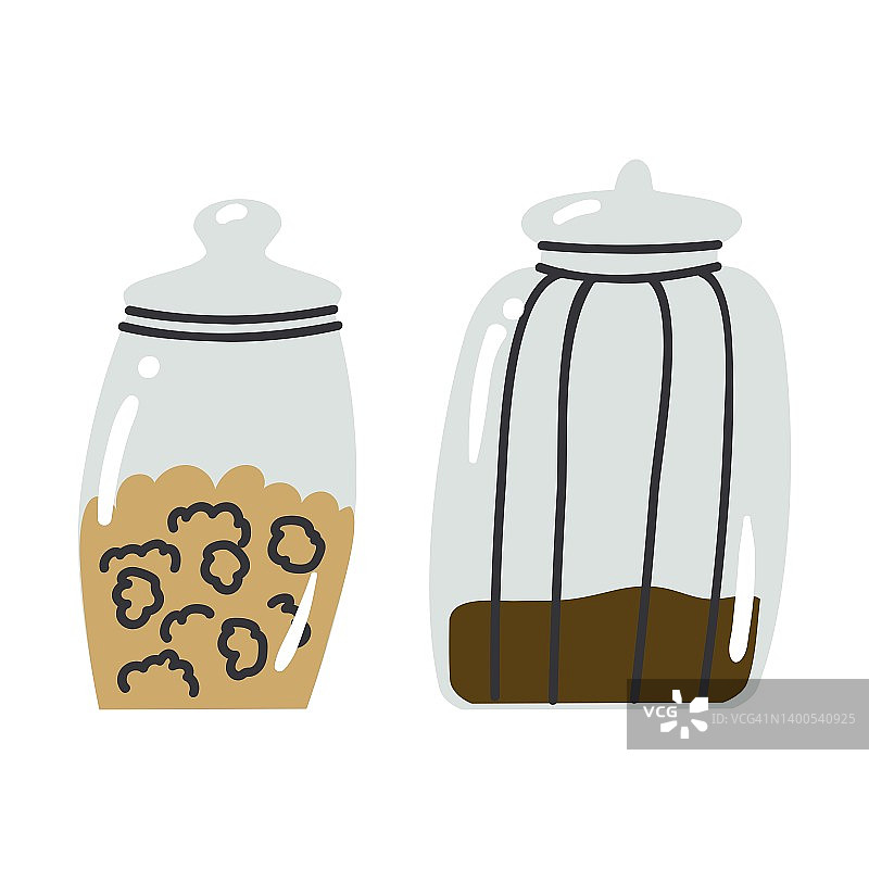 两个产品玻璃装饰罐。坚果、沙发、茶、麦片。城市咖啡馆的家具。平面风格的矢量插图。孤立的元素。图片素材