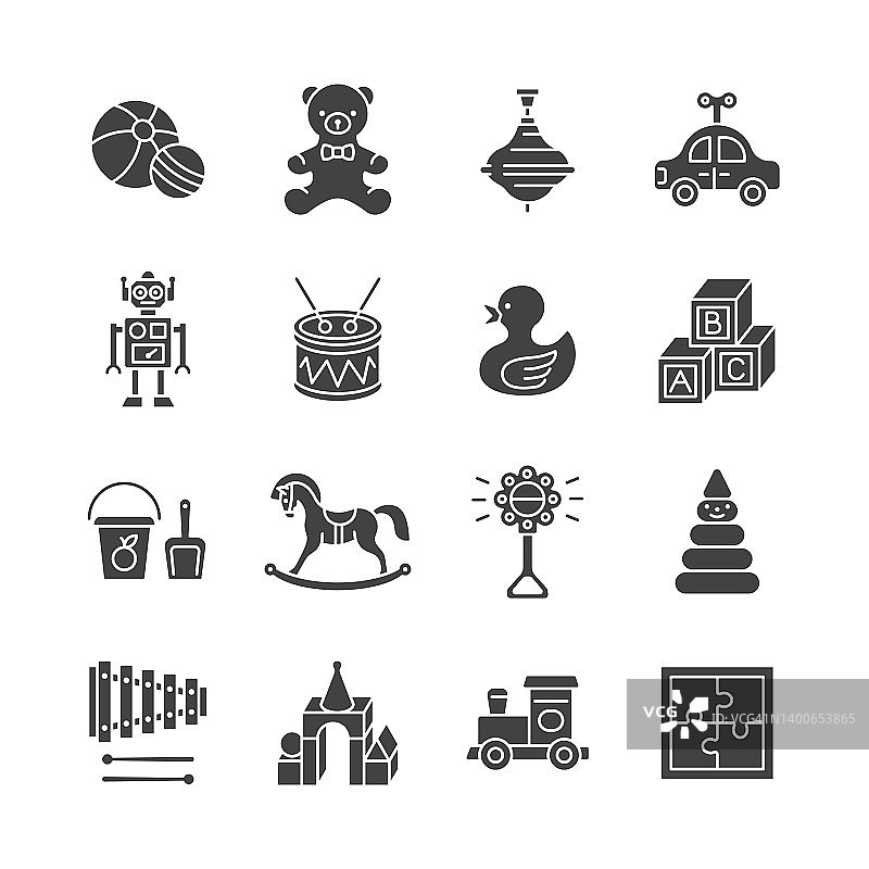 婴儿玩具字形图标集。矢量收集与鸭子，熊，汽车，机器人，马，球，拨浪鼓。图片素材