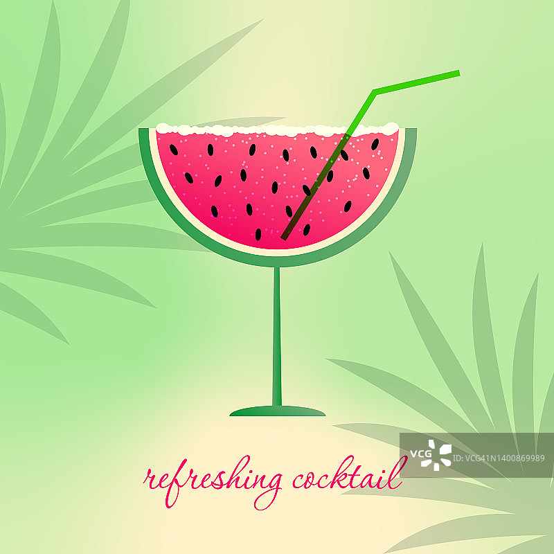 热带度假的概念。夏天的鸡尾酒，一个西瓜形状的杯子。标志、徽章或旗帜。图片素材