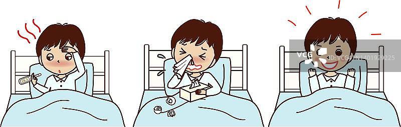 一个年轻人躺在床上感到恶心的一组插图。发烧，流鼻涕，痊愈。图片素材