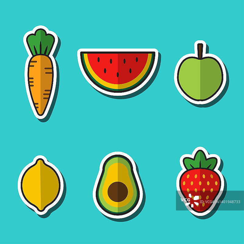 水果，蔬菜和浆果的矢量图像集。健康食品。草莓和西瓜，苹果和柠檬，胡萝卜和鳄梨的插图。图片素材