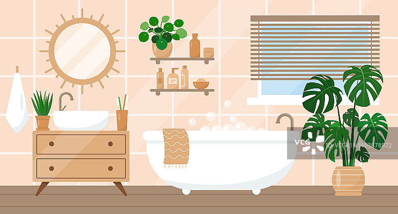 舒适的浴室内部时髦的斯堪的hygge风格浴缸，植物，水槽和配件。图片素材