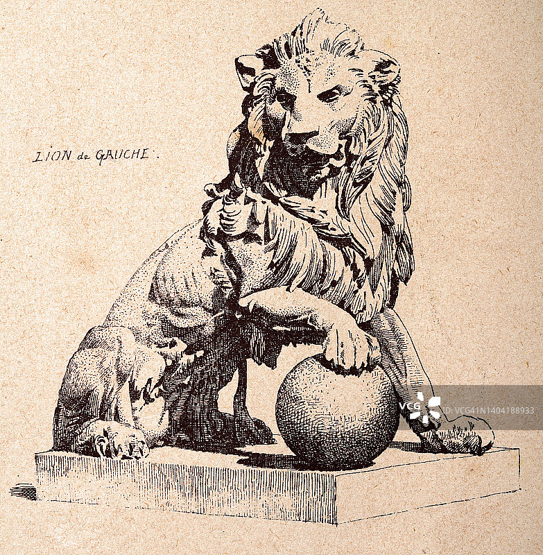 建筑装饰，狮子的爪子放在一个球体上，复古的艺术版画图片素材