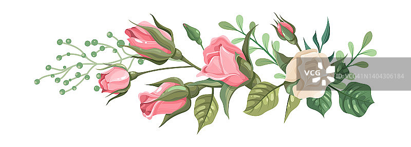 玫瑰花束。优雅的粉色和白色玫瑰与绿叶组成。可爱的花朵和绿色植物装饰。植物装饰用于婚礼，开花植物分枝矢量分离花缘图片素材