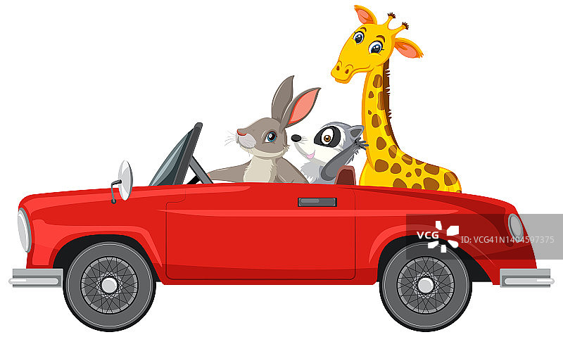 卡通动物在老爷车在白色背景图片素材