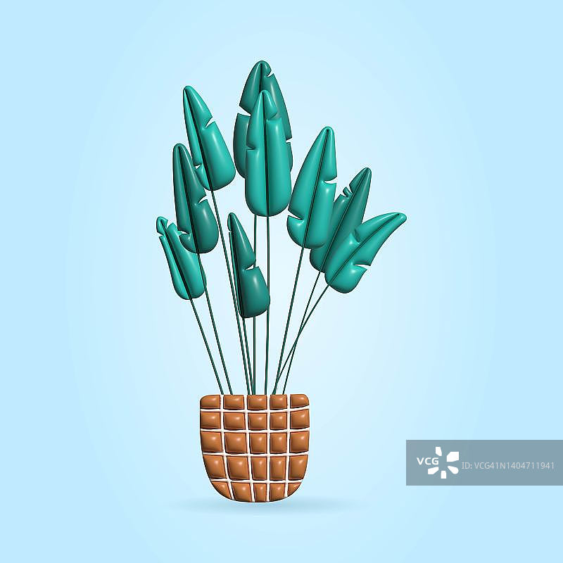 立体3D插图的一个家庭植物在一个花盆。图片素材