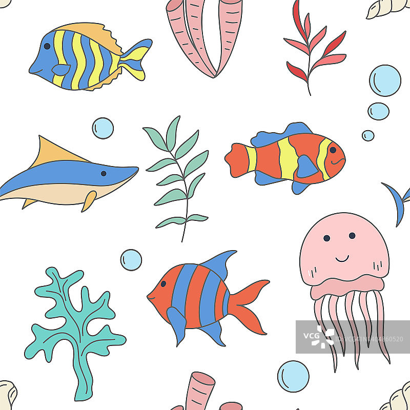 鱼水母和藻类无缝图案图片素材