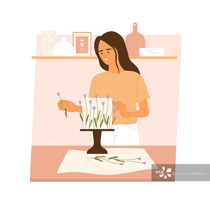 女孩在厨房用鲜花装饰蛋糕。甜美，现代蛋糕美学。女人正在烹饪有机甜点。矢量插图在卡通风格。孤立的白色背景。图片素材