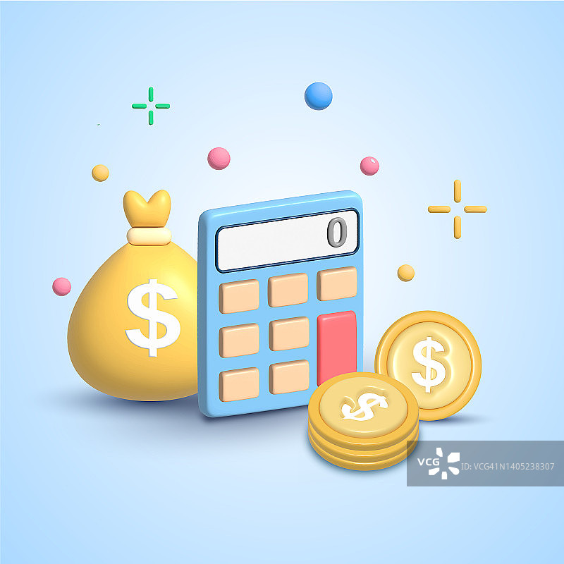 3D金融概念与货币硬币，钱袋和计算器矢量图标设置图片素材