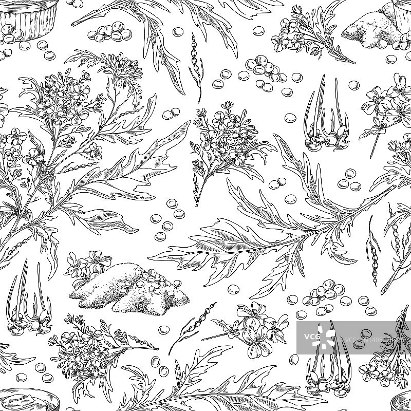 手绘单色无缝图案芥末粉，种子和植物素描风格图片素材