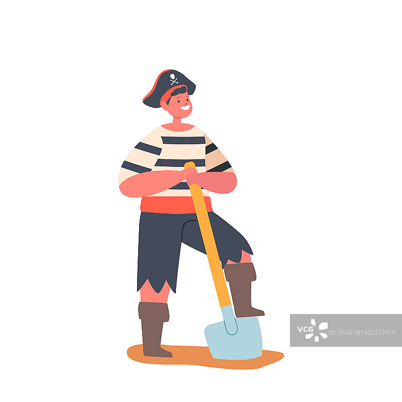 男孩在海盗服装与铲子手戴三角帽海盗服孤立在白色背景。有趣的孩子玩图片素材