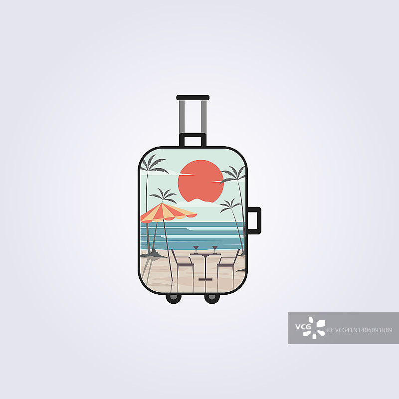 海滩旅行插图手提箱框架，冒险旅行度假标志矢量插图设计，复古复古海报风格和平面设计图片素材