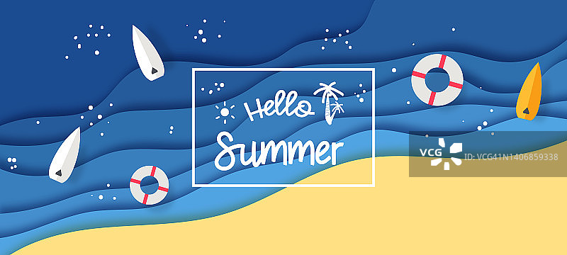 抽象蓝色的大海和海滩夏季背景与纸波和海岸横幅，邀请，海报或网站设计。剪纸的风格。矢量图图片素材