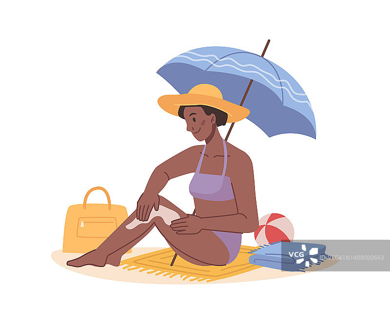 在海滩上晒黑时保护皮肤，孤立的女人坐在伞下涂乳液或防晒霜。女士用保湿护理。平面卡通人物，矢量插图图片素材