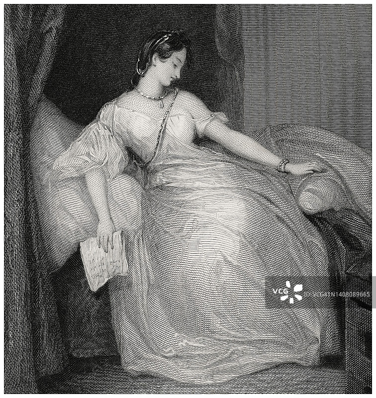 古老的雕刻插画，年轻美丽的女人在她的卧室里读一封信图片素材