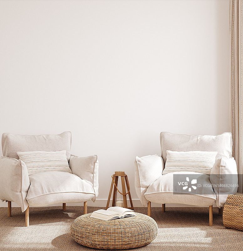 家庭内部模型，客厅在柔和的颜色与木制家具图片素材