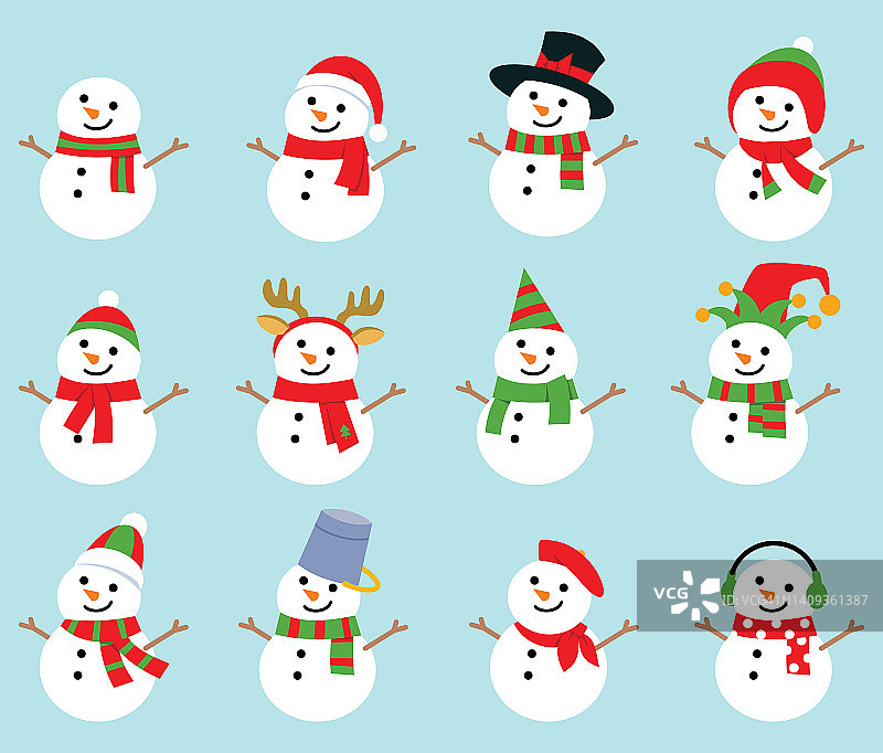 一套圣诞雪人孤立在白色背景。欢乐的雪人穿着不同的服装，围巾和帽子。图片素材