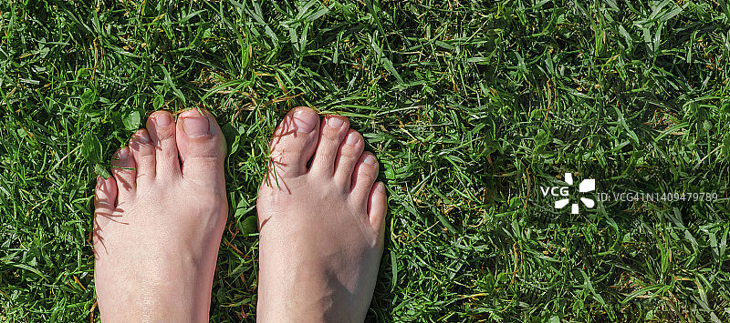赤脚踩在绿色的草地上。有问题。女性的脚踩在绿色的草地上。乡村的生活方式。从以上观点。站在草地上的女人。前视图。自由，夏日放松的概念。地球日。图片素材