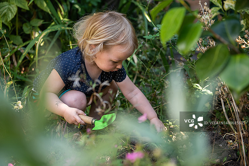小女孩在后花园找虫子图片素材