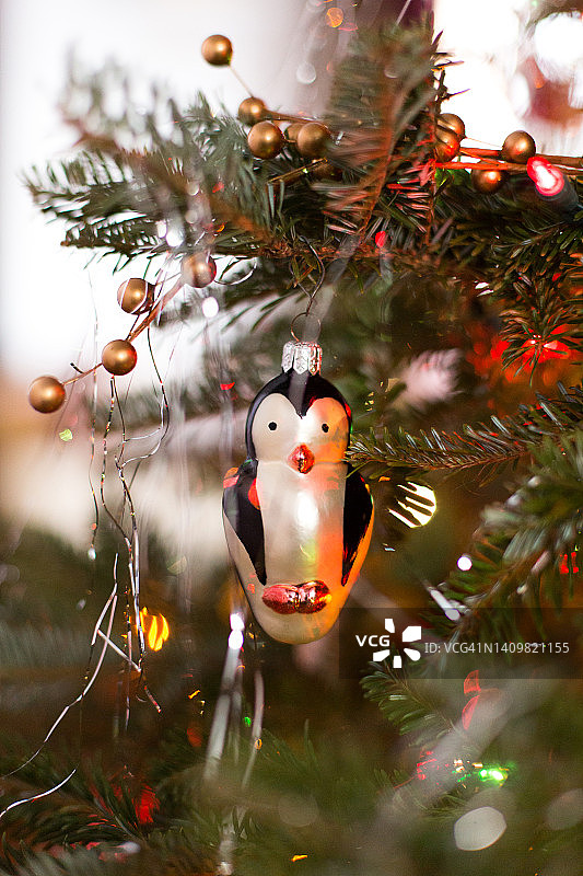 圣诞树上挂着圣诞企鹅图片素材