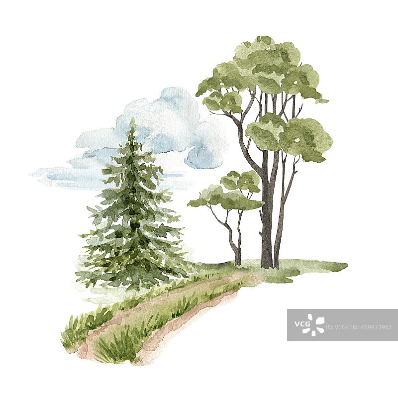 自然森林、道路和树木的水彩插图。图片素材