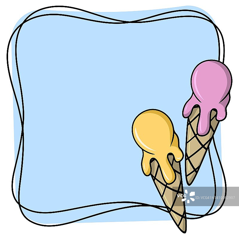 蓝色正方形框架，冷甜点，水果冰淇淋球在华夫筒，旗帜复制空间，卡通风格的矢量图片素材